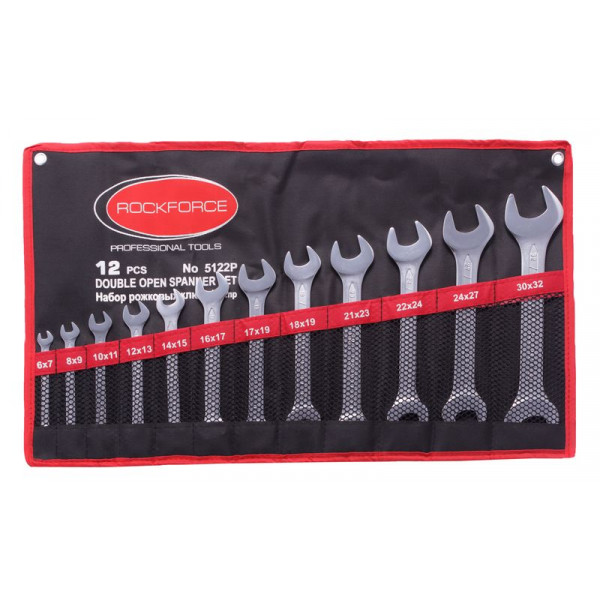 Набор ключей рожковых 12 предметов (6х7, 8х9, 10х11, 12х13, 14х15, 16х17, 17х19, 18х19, 21х23, 22х24, 24х27, 30х32мм) на полотне ROCKFORCE RF-5122P