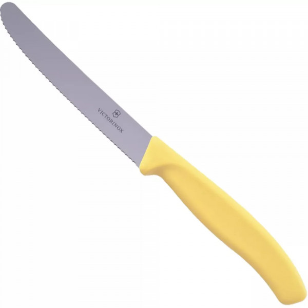 Ніж столовий для різки томатів універсальний 11см Victorinox Swiss Classic Tomato&Table круглий кінчик, серрейтор Жовтий (6.7838.E120) Ніж столовий для різки томатів універсальний 11см Victorinox Swiss Classic Tomato&Table круглий кінчик, серрейтор Жовтий (6.7838.E120)