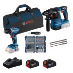 PRO набір з 2 інструментів BOSCH 18V: GSR 18V-45 + GBH 18V-22 + 45шт. набір насадок для викрутки + 3-компонентний набір свердел для перфораторів SDS-plus-5 + 2 x GBA 18V 4.0