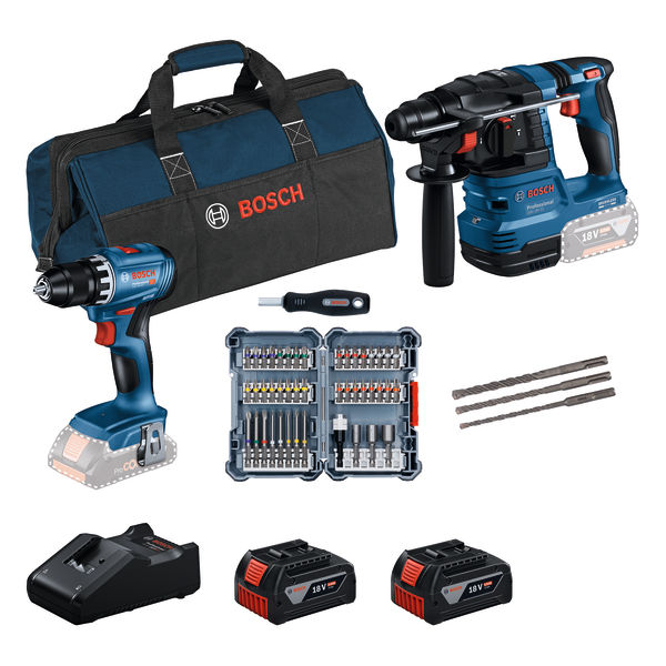 PRO набір з 2 інструментів BOSCH 18V: GSR 18V-45 + GBH 18V-22 + 45шт. набір насадок для викрутки + 3-компонентний набір свердел для перфораторів SDS-plus-5 + 2 x GBA 18V 4.0