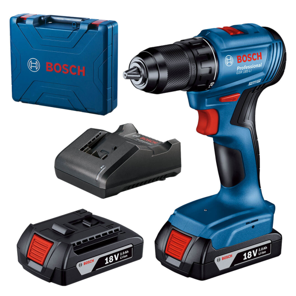 Безщітковий акумуляторний дриль-шурупокрут Bosch GSR 185-LI Professional із 2 акб GBA 18V 2.0Ah і з/п GAL 18V-20 у кейсі 06019K3000