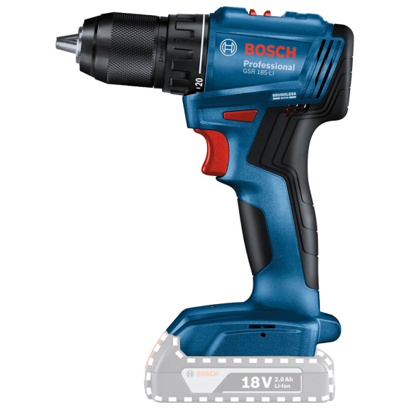 Безщітковий акумуляторний дриль-шурупокрут Bosch GSR 185-LI Professional із 2 акб GBA 18V 2.0Ah і з/п GAL 18V-20 у кейсі 06019K3000