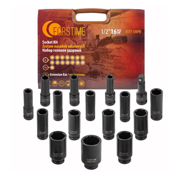 Набір ударних глибоких шестигранних торцевих головок (16 предметів) FORSTIME FT-4177-5MPB Набір ударних глибоких шестигранних торцевих головок (16 предметів) FORSTIME FT-4177-5MPB