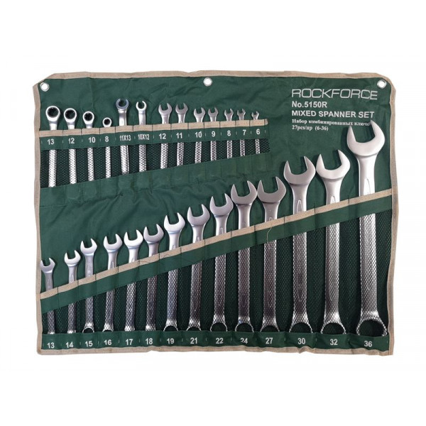 Набір ключів комбінованих універсальний 27 предметів(6-36мм),розрізні 2пр(10-12,11-13мм) тріскачкові 4 предмети(8-13мм) на полотні ROCKFORCE RF-5150R