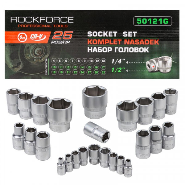 Набір головок 1/4'', 1/2'', 25 предметів (6гр.) ROCKFORCE RF-50121G