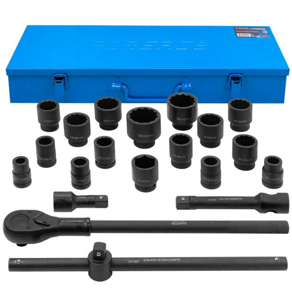 Набір ударних інструментів 3/4'', 12гр, 21пр(17,19,21,22,24,27,30,32,34,35,36,36-6гр,38,41,46,50мм), в метал .кейсі FORSAGE F-6212-9MPB