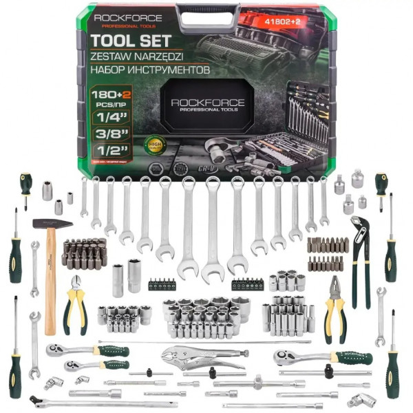 Набір інструментів 180+2пр. 1/4", 3/8", 1/2" (6гр., 12гр.) Rockforce RF-41802+2 Набір інструментів 180+2пр. 1/4", 3/8", 1/2" (6гр., 12гр.) Rockforce RF-41802+2