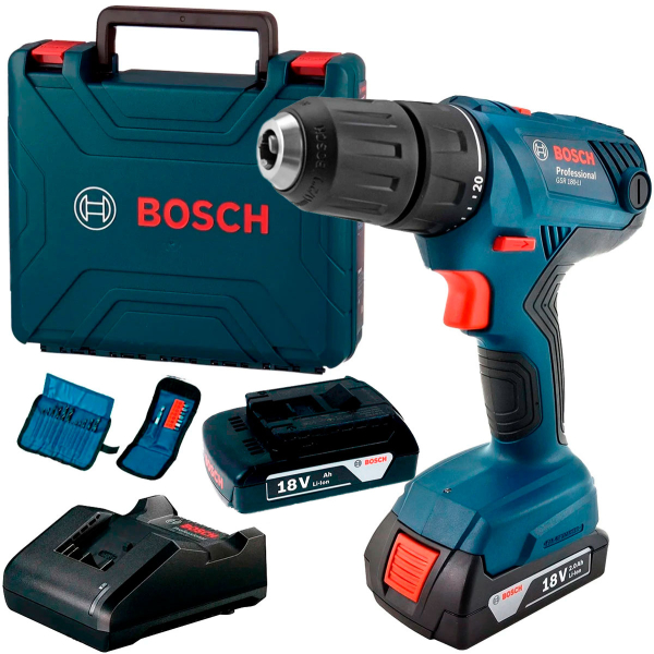 Акумуляторний дриль-шурупокрут Bosch Professional GSR 180-Li з 2 акб GBA 18V 2.0 Ah, з/п GAL 18V-20, набором біт і свердел 06019F810A