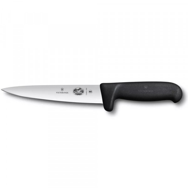 Нож для мяса универсальный 16см Victorinox FIBROX Sticking гладкое лезвие Safety Grip Черный (5.5603.16M)