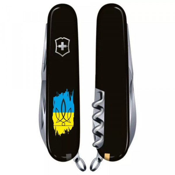 Складной нож Victorinox Huntsman Ukraine 91мм 15 функций Черный Трезубец фигурный на фоне флага (1.3713.3_T1026u) Складной нож Victorinox Huntsman Ukraine 91мм 15 функций Черный Трезубец фигурный на фоне флага (1.3713.3_T1026u)