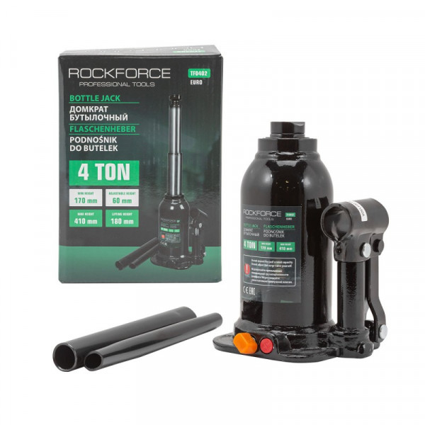 Домкрат пляшковий 4т (170-410мм) двоштоковий з клапаном ROCKFORCE RF-TF0402
