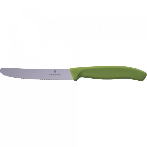 Ніж столовий для різки томатів універсальний 11см Victorinox" Swiss Classic Tomato&Table круглий носік лезо серрейтор Оливково-зелений (6.7834.E575)