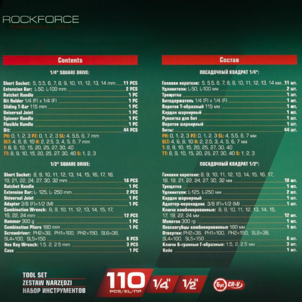 Набір інструментів 110 предметів 1/4'', 1/2'' ROCKFORCE RF-41101-5
