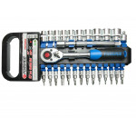 Набір головок і біт з тріскачкою 1/4'' 3/8'' 6гр. 26пр. (10-19мм) в пластиковому утримувачі