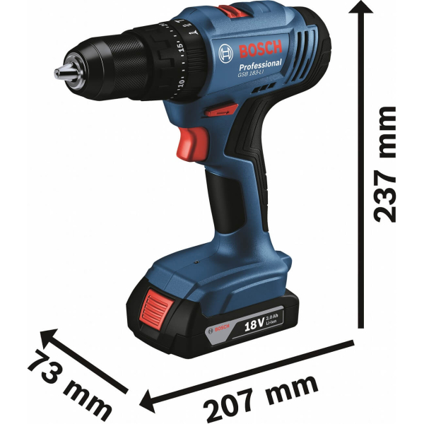Акумуляторний ударний дриль-шурупокрут Bosch Professional GSB 183-LI з 2 акб GBA 18V 2 Ah і з/п GAL 18V-20, в кейсі 06019K9100