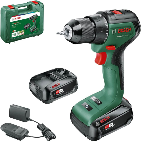 Акумуляторний дриль-шурупокрут Bosch UniversalDrill 18V-60 із 2 акб 2 Ah і з/п AL 18V-20 у кейсі 06039D7002