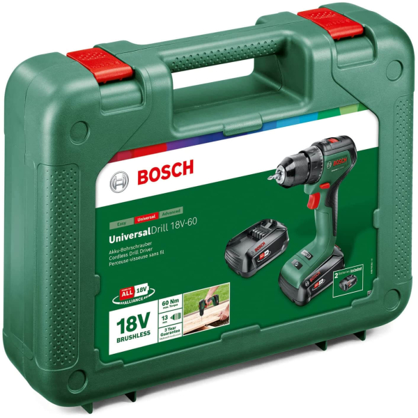 Акумуляторний дриль-шурупокрут Bosch UniversalDrill 18V-60 із 2 акб 2 Ah і з/п AL 18V-20 у кейсі 06039D7002