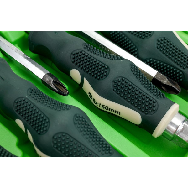 Набір викруток силових ударних магнітних 12 предметів (SL: 6.5х38,3х75,5.5х75,6.5х100,8.0х150,10х200мм PH: 2х38,0х75, 1х75, 2х100, 3х150, 4х200мм), в кейсі ROCKFORCE RF-21310