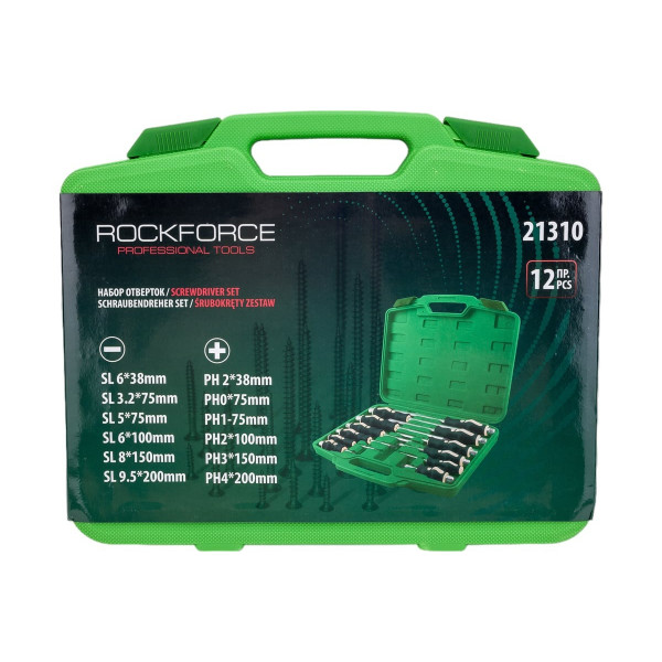 Набір викруток силових ударних магнітних 12 предметів (SL: 6.5х38,3х75,5.5х75,6.5х100,8.0х150,10х200мм PH: 2х38,0х75, 1х75, 2х100, 3х150, 4х200мм), в кейсі ROCKFORCE RF-21310