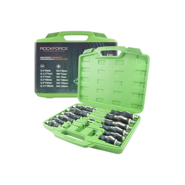 Набір викруток силових ударних магнітних 12 предметів (SL: 6.5х38,3х75,5.5х75,6.5х100,8.0х150,10х200мм PH: 2х38,0х75, 1х75, 2х100, 3х150, 4х200мм), в кейсі ROCKFORCE RF-21310