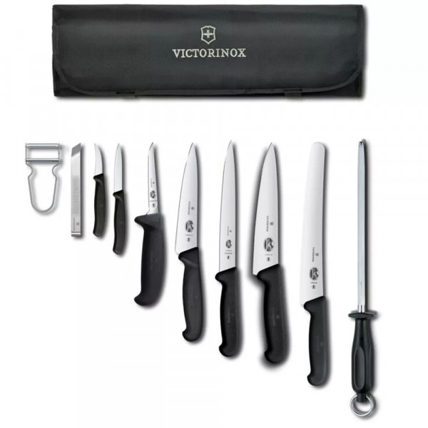 Набір кухонний 10 предметів у м'якому органайзері Victorinox CHEF'S SETS Chef's Knife Roll Starter Set Чорний (5.4964.1)