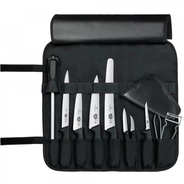 Набір кухонний 10 предметів у м'якому органайзері Victorinox CHEF'S SETS Chef's Knife Roll Starter Set Чорний (5.4964.1)