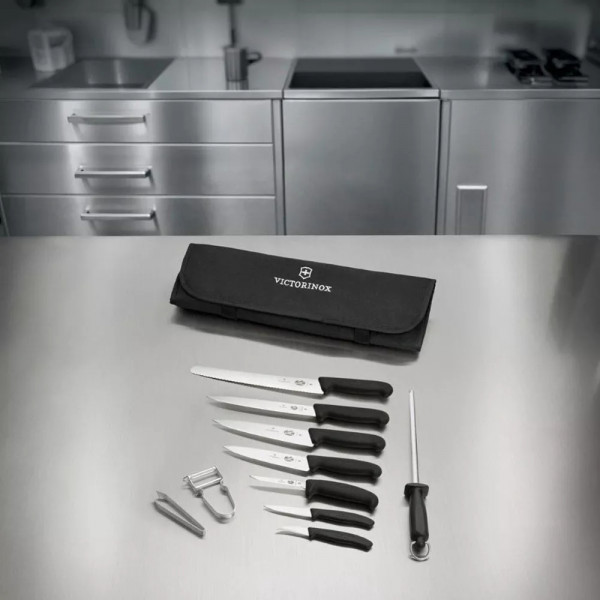 Набір кухонний 10 предметів у м'якому органайзері Victorinox CHEF'S SETS Chef's Knife Roll Starter Set Чорний (5.4964.1)