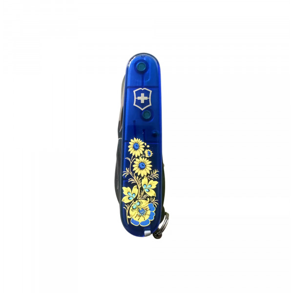 Складаний ніж 91 мм Victorinox Climber Ukraine 14 функцій, 3 шари, синій напівпрозорий, Квіти (1.3703.T2_T1050u) Складаний ніж 91 мм Victorinox Climber Ukraine 14 функцій, 3 шари, синій напівпрозорий, Квіти (1.3703.T2_T1050u)