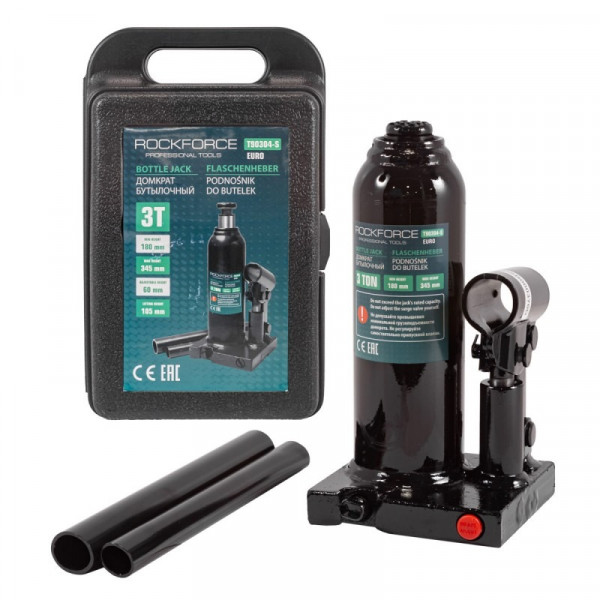 Домкрат пляшковий 3т (180-345мм) з клапаном ROCKFORCE RF-T90304-S