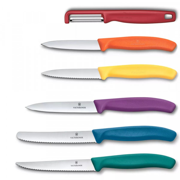 Набір кухонний 5 ножів, овочечистка з підставкою Victorinox SWISS CLASSIC Cutlery Block різнокольорові, пластик білий (6.7126.6C1) Набір кухонний 5 ножів, овочечистка з підставкою Victorinox SWISS CLASSIC Cutlery Block різнокольорові, пластик білий (6.7126.6C1)