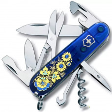 Складаний ніж 91 мм Victorinox Climber Ukraine 14 функцій, 3 шари, синій напівпрозорий, Квіти (1.3703.T2_T1050u)