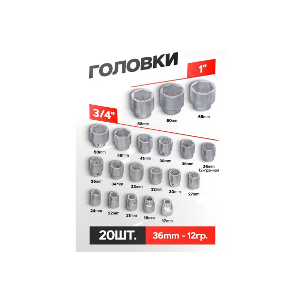 Набір інструментів 1", 3/4" 6-гранні (17-65мм) 26 предметів ROCKFORCE RF-68263-5