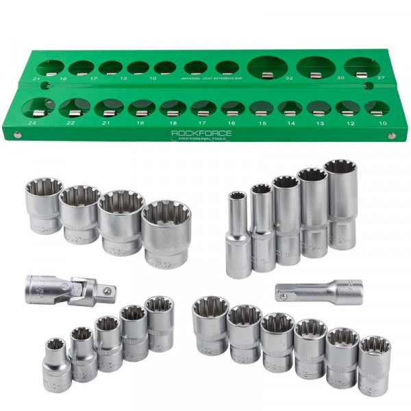 Набір універсальних (Spline) торцевих головок 1/2'', 22 предмети ROCKFORCE RF-50221(Q)(6)