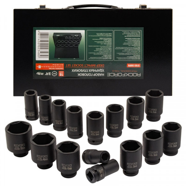 Набір головок ударних глибоких 16пр., 3/4''(17,19,21,22,24,27,30,32-36м,38,41,46,50мм) ROCKFORCE RF-6162-5MPB