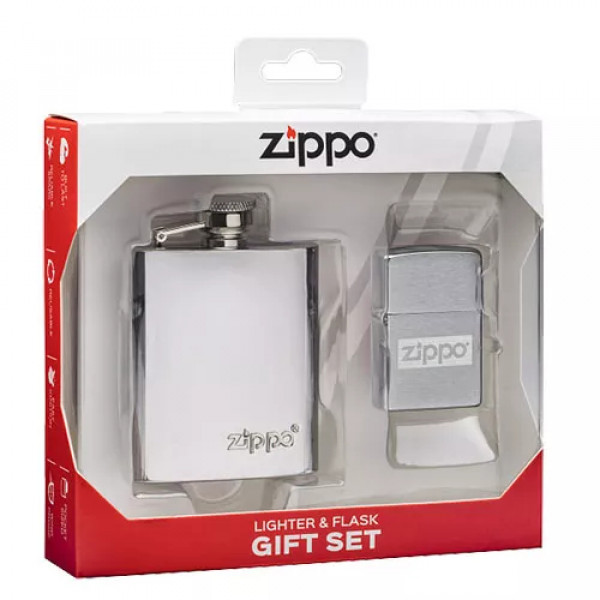 Подарунковий набір ZIPPO фляга 90 мл (3 OZ) Polished Chrome із запальничкою Chrome Brushed полірований хром Сріблястий (49358)