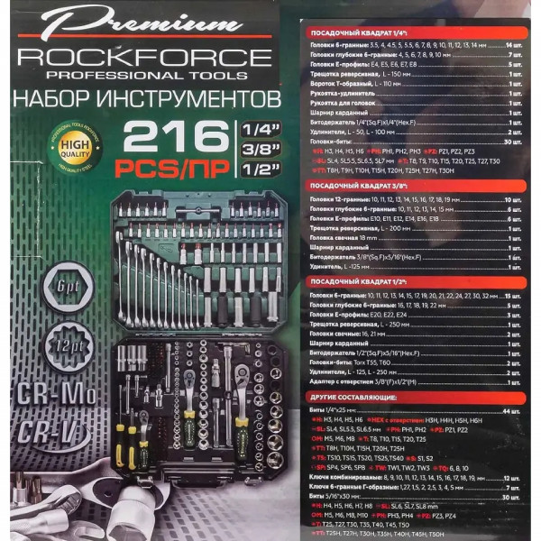 Набір інструментів 216пр. 1/4" 3/8" 1/2" (6гр,12гр) Rockforce RF-38841 Premium