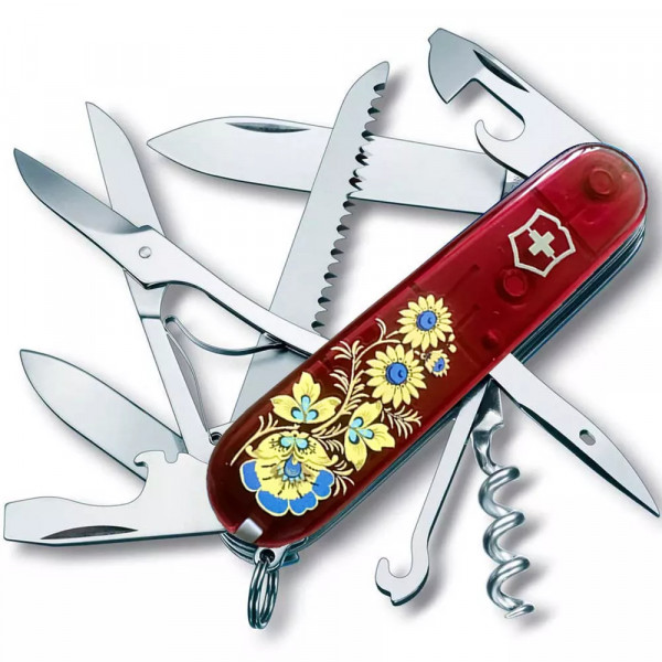 Складаний ніж 91 мм Victorinox  Huntsman Ukraine 15 функцій, 4 шари, червоний напівпрозорий, Квіти  (1.3713.T_T1050u)