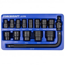 Набір головок ударних 15 предметів 1/2'' (6-гр.) (10,12-19,21,22,24,27,30,32мм) в ложементі FORCEKRAFT FK-4159K