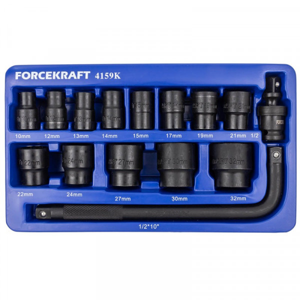 Набір головок ударних 15 предметів 1/2'' (6-гр.) (10,12-19,21,22,24,27,30,32мм) в ложементі FORCEKRAFT FK-4159K