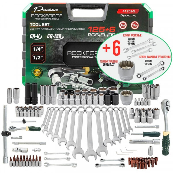 Набір інструментів 125+6пр. 1/4'', 1/2'' (6гр.) ROCKFORCE RF-41252-5 Premium