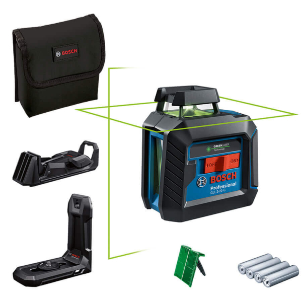 Лазерний нівелір Bosch Professional GLL 2-20 G із тримачем, стельовим кріпленням і 4 батарейками