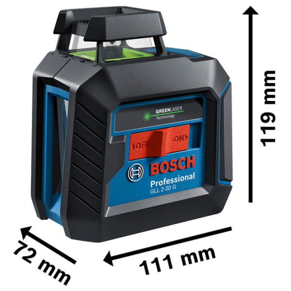 Лазерний нівелір Bosch Professional GLL 2-20 G із тримачем, стельовим кріпленням і 4 батарейками
