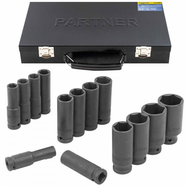 Набір головок ударних глибоких 14пр. 1/2" 6-гранні (11-15, 17-19, 21, 22, 24, 27, 30, 32мм) Partner PA-4141MPB