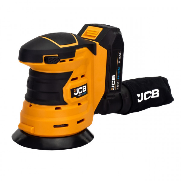 Акумуляторна ексцентрикова шліфувальна машина JCB 18V (125 мм) з батареєю 2.0 Аг та швидким зарядним пристроєм + сумка JCB-18OS-2XB-E