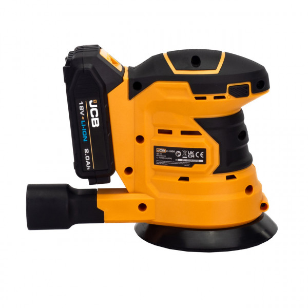Акумуляторна ексцентрикова шліфувальна машина JCB 18V (125 мм) з батареєю 2.0 Аг та швидким зарядним пристроєм + сумка JCB-18OS-2XB-E
