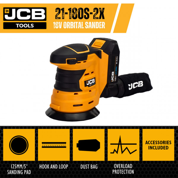 Акумуляторна ексцентрикова шліфувальна машина JCB 18V (125 мм) з батареєю 2.0 Аг та швидким зарядним пристроєм + сумка JCB-18OS-2XB-E