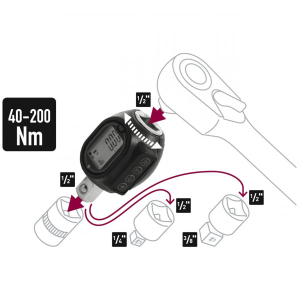 Цифpoвий динaмoмeтpичний aдaптep двocтopoнньoї дії 1/2" 40-200Nm ROCKFORCE RF-MT-1-240