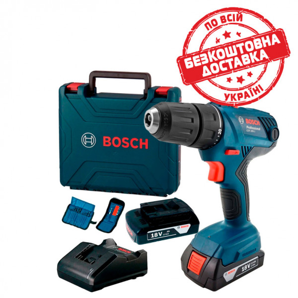 Акумуляторний дриль-шурупокрут Bosch GSR 180-Li Professional з 2 акб GBA 18V 2.0 Ah, з/п GAL 18V-20, набором біт і свердел 06019F810A
