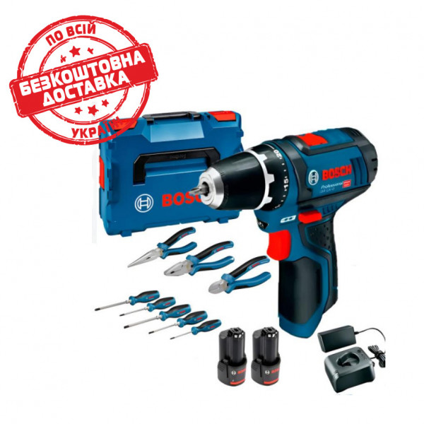 Акумуляторний дриль-шуруповерт GSR 12V-15 Bosch Professional, 2 акб, з/п, набір інструментів в кейсі 060186810R