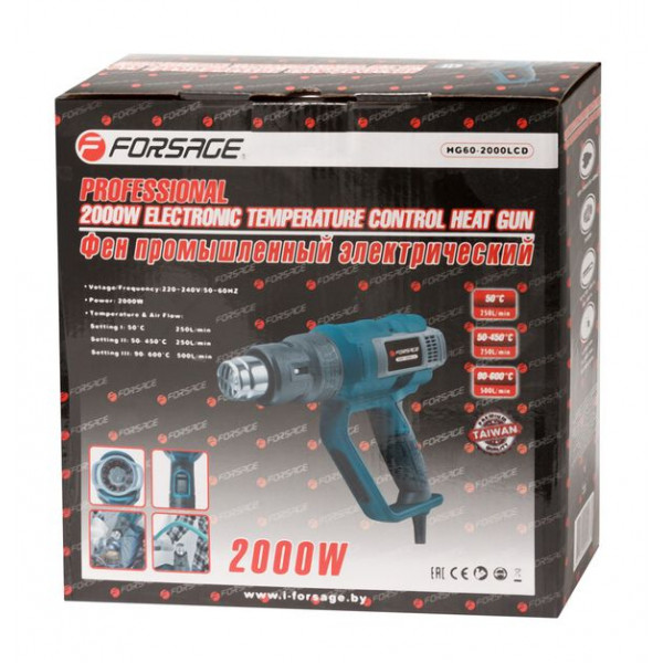 Фен промисловий електричний з регулюванням температури (3 режими 220В, 2000Вт, макс.темп-ра 600С, 250-500л/хв) Forsage electro HG60-2000LCD